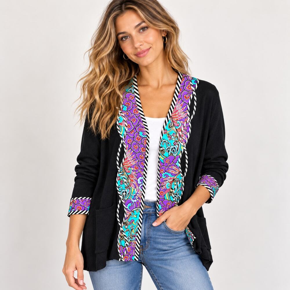 KOOS of Course Sweater Cardigan Women's Size 2X Silk Artsy Pockets Black  NWT